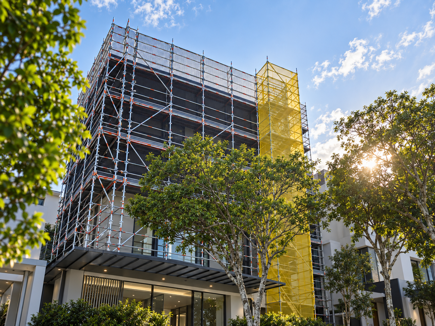 Cantilevered scaffold platform extending from a building edge